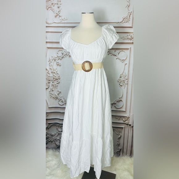 White Puff Sleeve Midi Dress with Tan Belt - Picture 2 of 6